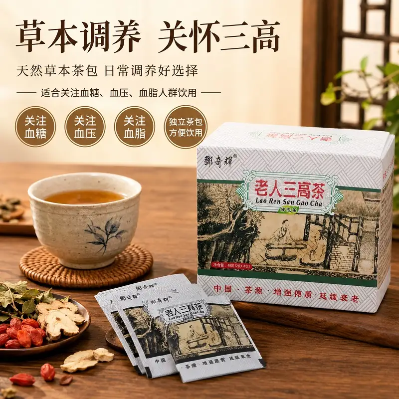 Herbal tea box and sachets beside a cup of tea and dried herbs, with large Chinese marketing text overlay