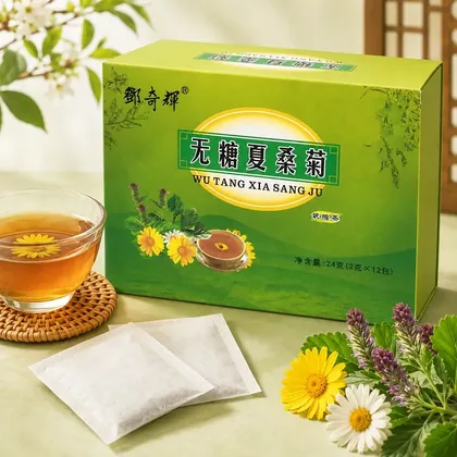 Green box of Wu Tang Xia Sang Ju herbal tea with tea sachets, a glass cup of tea, and chrysanthemum flowers on a table.