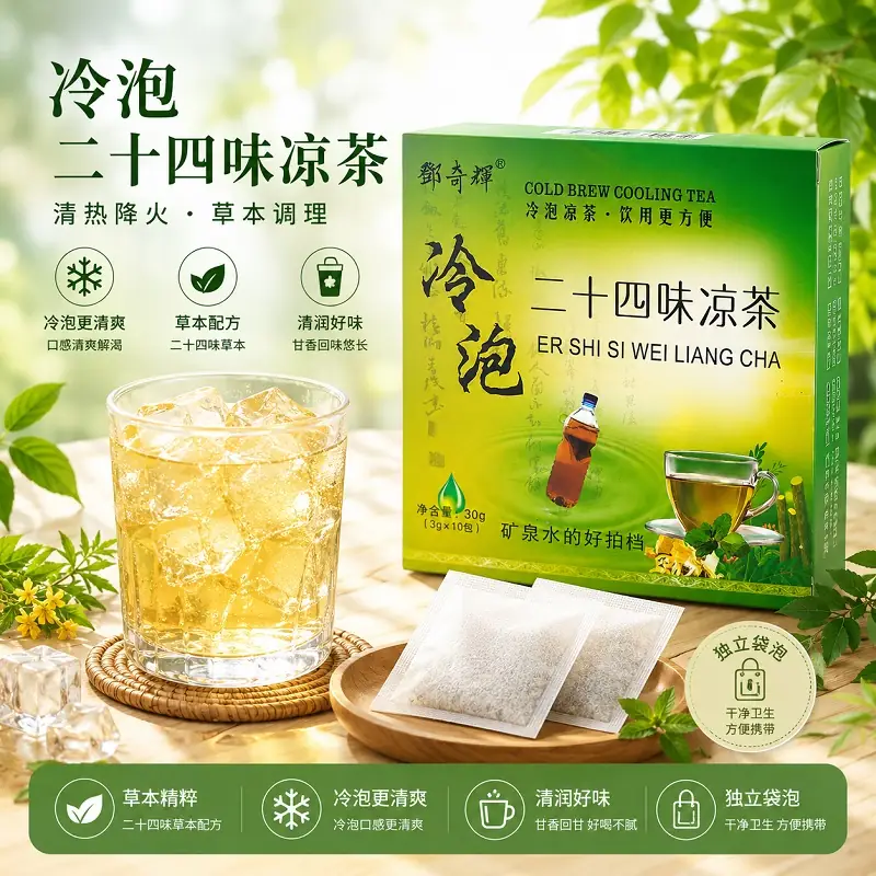 Packaging for cold brew cooling tea with glass of iced tea and tea bags on wooden table
