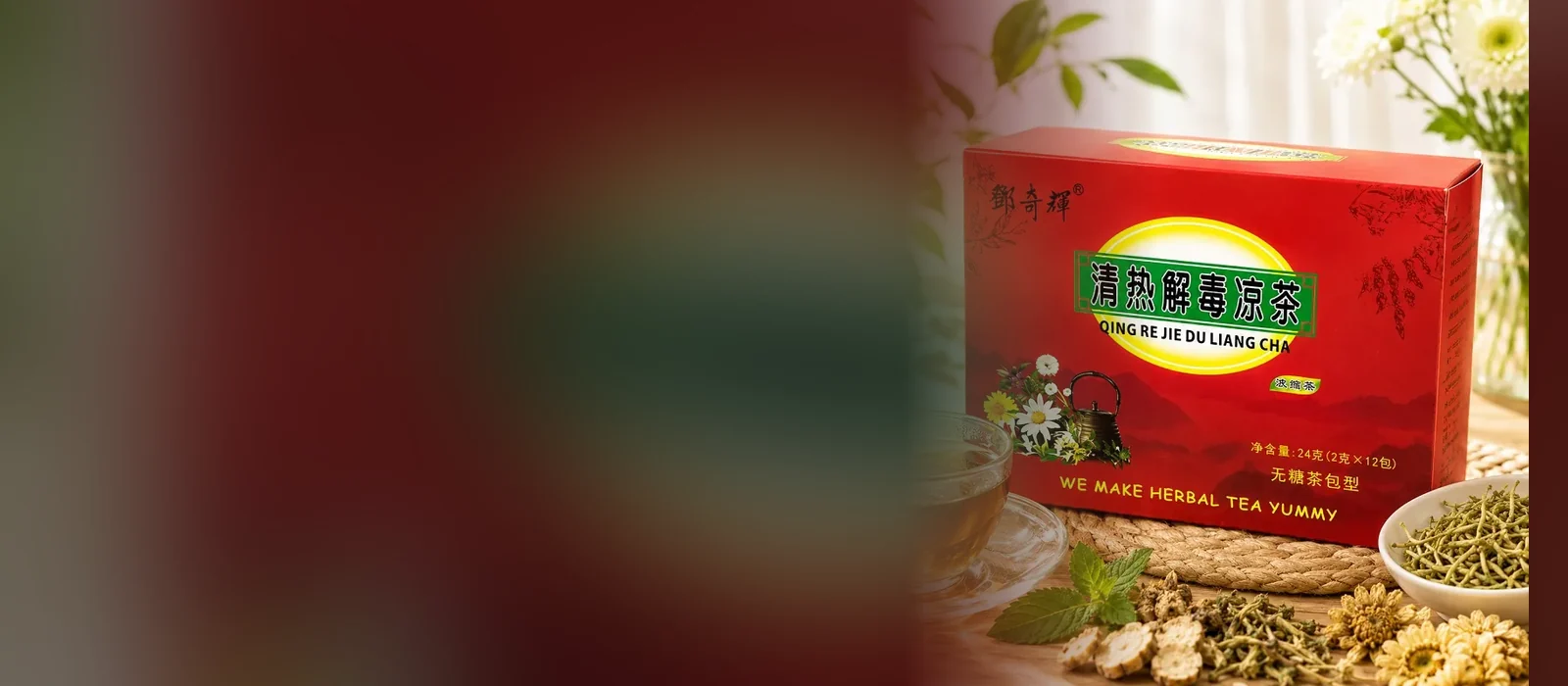 Red box of Chinese herbal tea with English and Chinese packaging text, beside a glass cup of amber tea and dried herbs