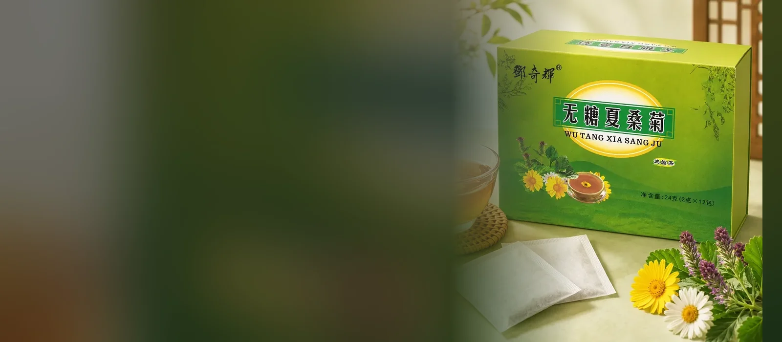 Green box of Wu Tang Xia Sang Ju herbal tea with tea sachets, a glass cup of tea, and chrysanthemum flowers on a table.
