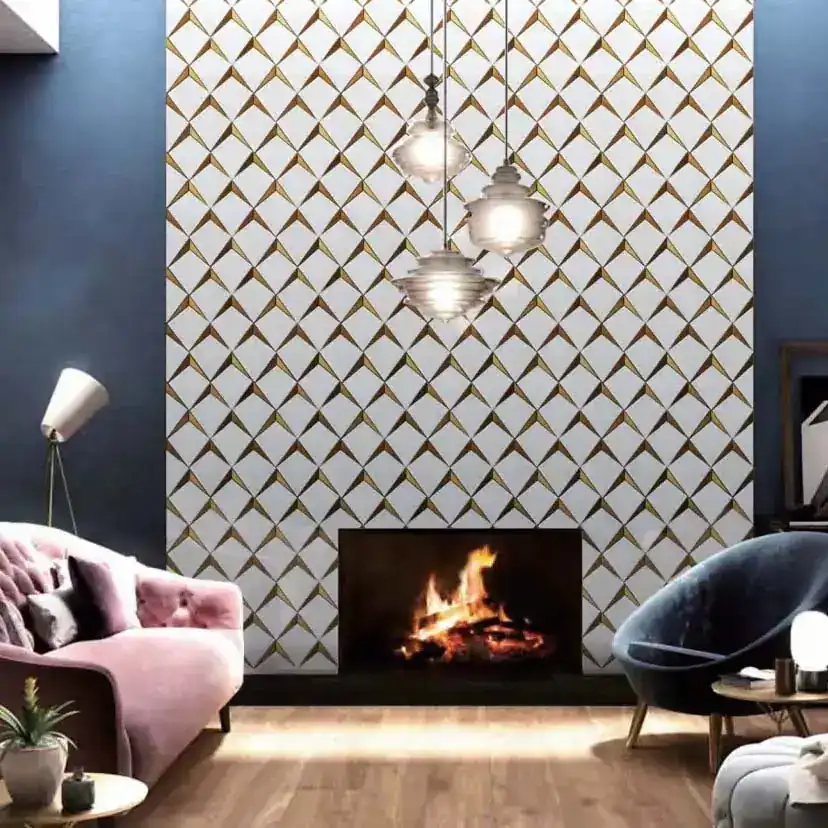 Trigon Diamond Marble Stone stone & brass finish polished tile