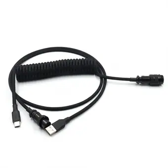 Kabelset von GX16 Aviator-Stecker 5-polig auf Type-C als Spiralkabel und USB auf GX16 Buchse 5-polig, Farbe Schwarz