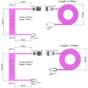Sonder-Spiralkabel USB-C für Tastaturen, Aviator-Steckverbinder GX16, GX12, XLR, YC8, Type-C