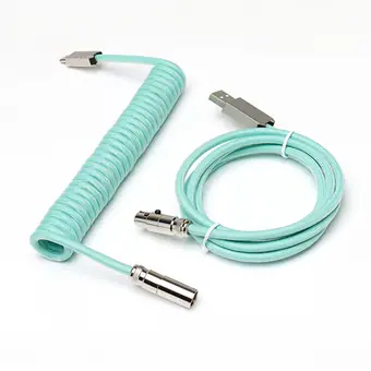 Комплект кабелей: штекер mini XLR 5-контактный — Type-C металлический с прозрачным светло-бирюзовым проводом и USB металлический — гнездо mini XLR 5-контактное с прозрачным светло-бирюзовым проводом + серебристый разъём