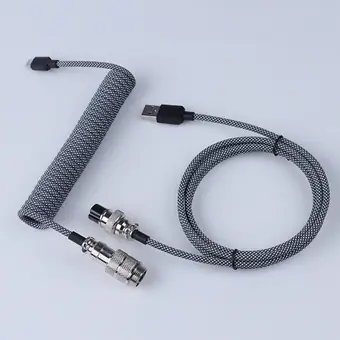 Cable USB-C en espiral rojo con conector de aviación GX16 metálico y trenzado de nailon para teclado mecánico