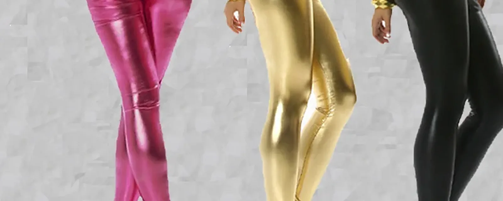 Three metallic wet look leggings in pink gold and black