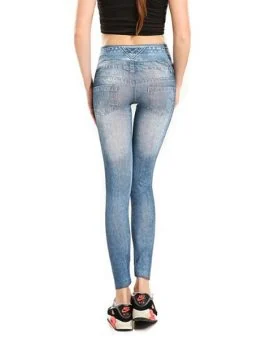 Blue jean-legging style XH-JL11 shown full length on a model, with a textured woven finish