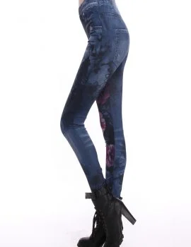 Blue washed-denim jean-legging shown full length on a model, front view