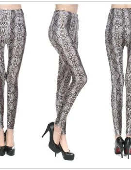 Black leather-look legging shown full length on a model, with a smooth, reflective surface