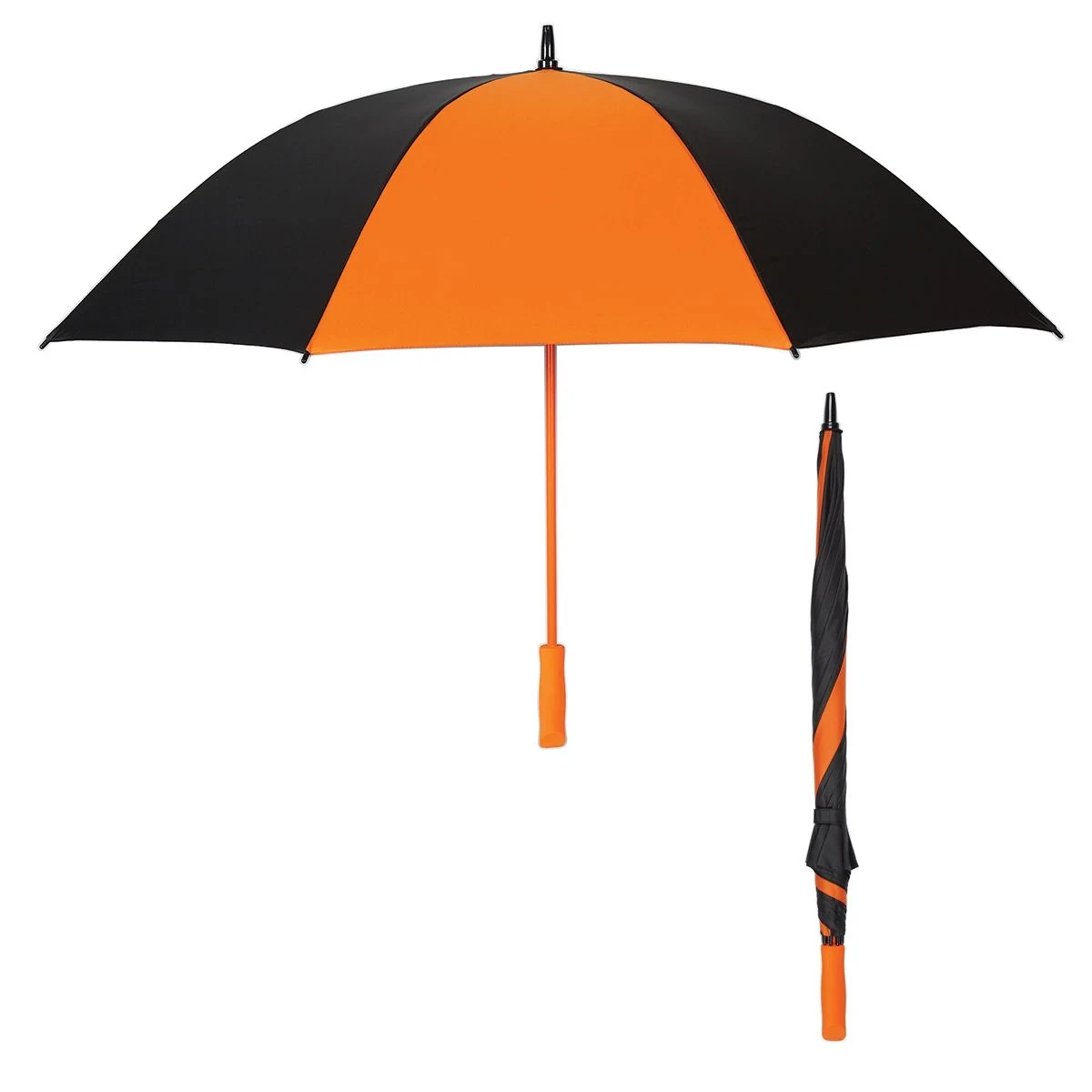 Golfschirm mit manueller Öffnung, abwechselnd schwarzen und orangefarbenen Segmenten, orangefarbenem Schaft und passendem orangefarbenem Griff