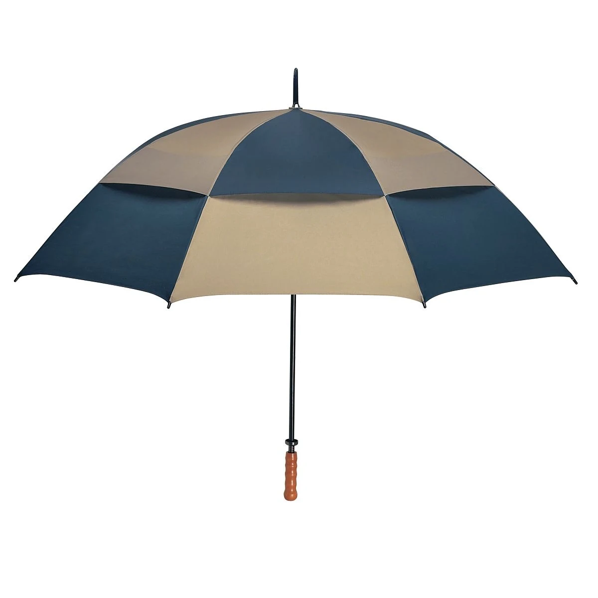 Belüfteter Golfschirm in Marineblau und Beige mit Holzgriff, geöffnet vor weißem Hintergrund