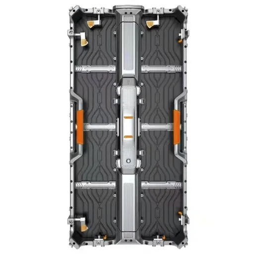 Front view of the rental LED screen showing the fast lock system and module alignment