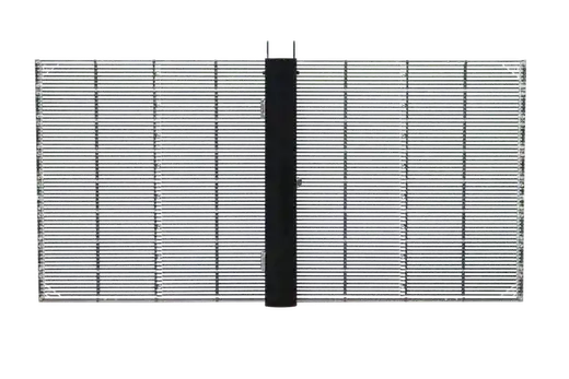 Rear view of the transparent glass LED screen showing rear service access and module locks