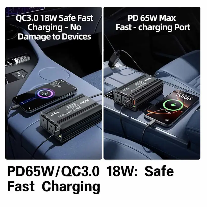 300W Modified Sine Wave Power Inverter with EU, Dual American Sockets USB QC 3.0 5.4A detail 1