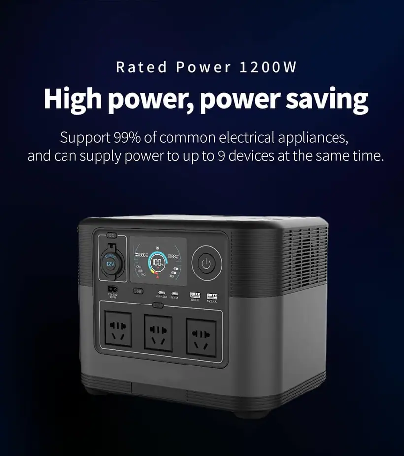 Central eléctrica portátil de 1200W con detalle de fuente de alimentación solar de batería PD65W QC3.0 TYPE-C LiFePO4 5