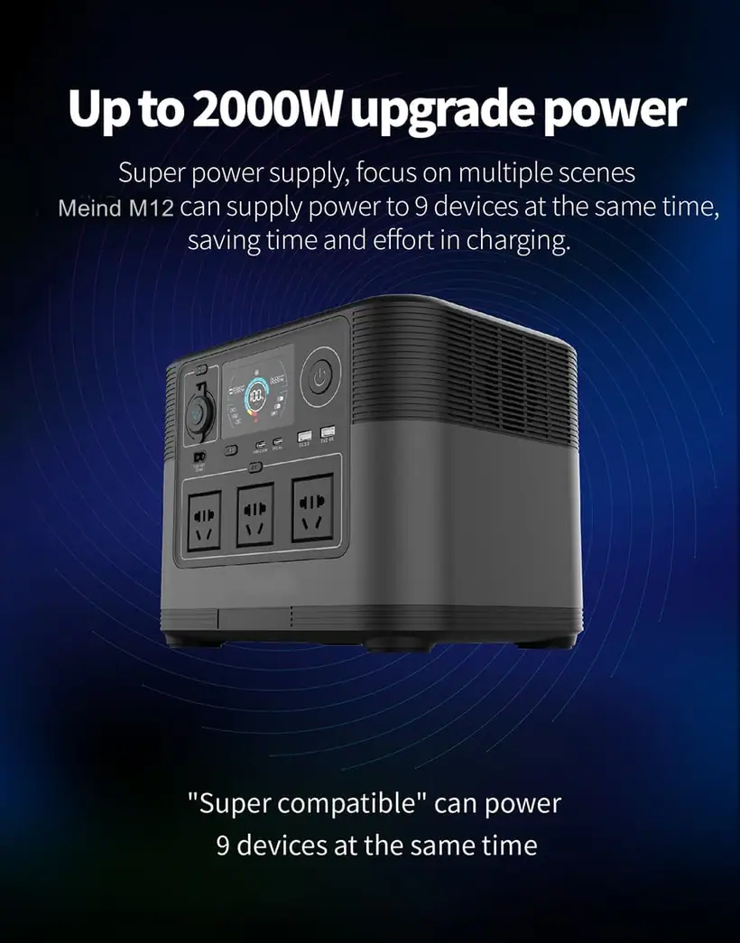 Central eléctrica portátil de 1200W con detalle de fuente de energía solar con batería PD65W QC3.0 TYPE-C LiFePO4 7