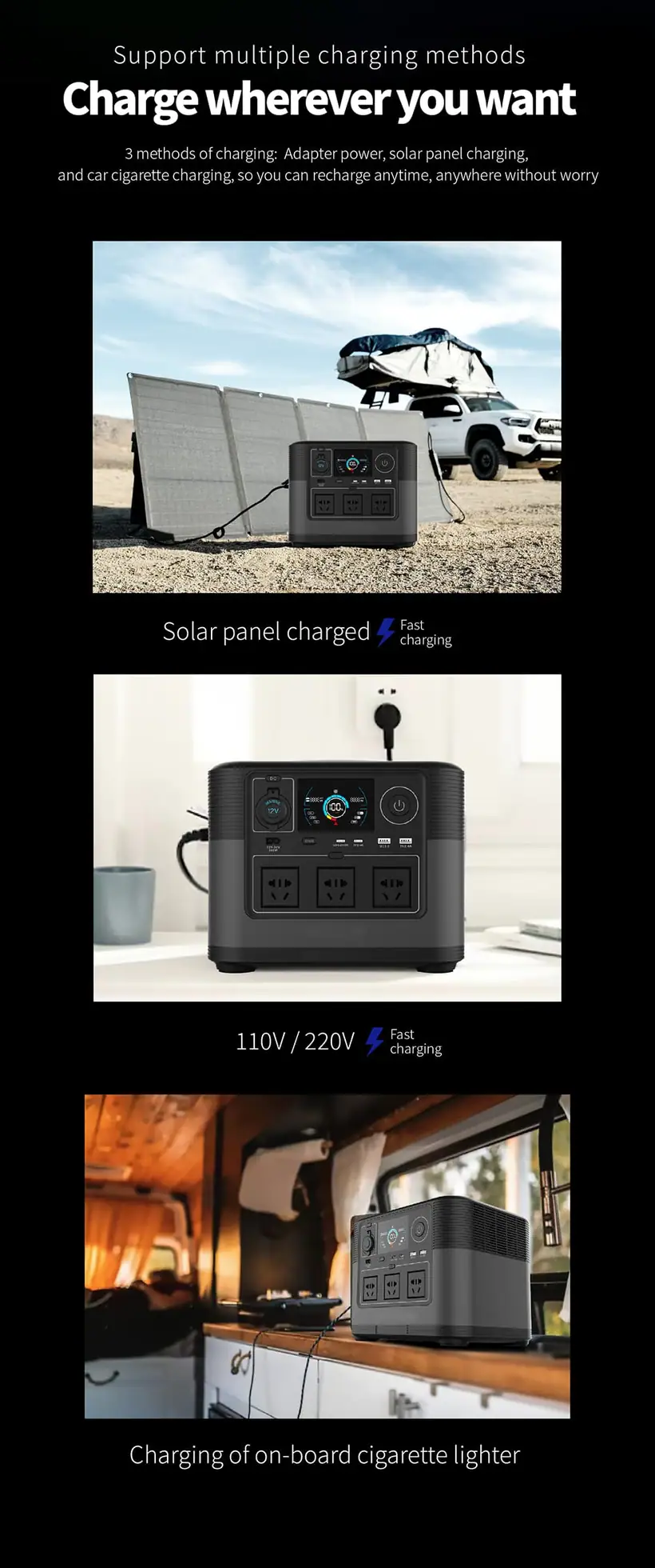 Central eléctrica portátil de 1200W con detalle de fuente de energía solar con batería PD65W QC3.0 TYPE-C LiFePO4 8