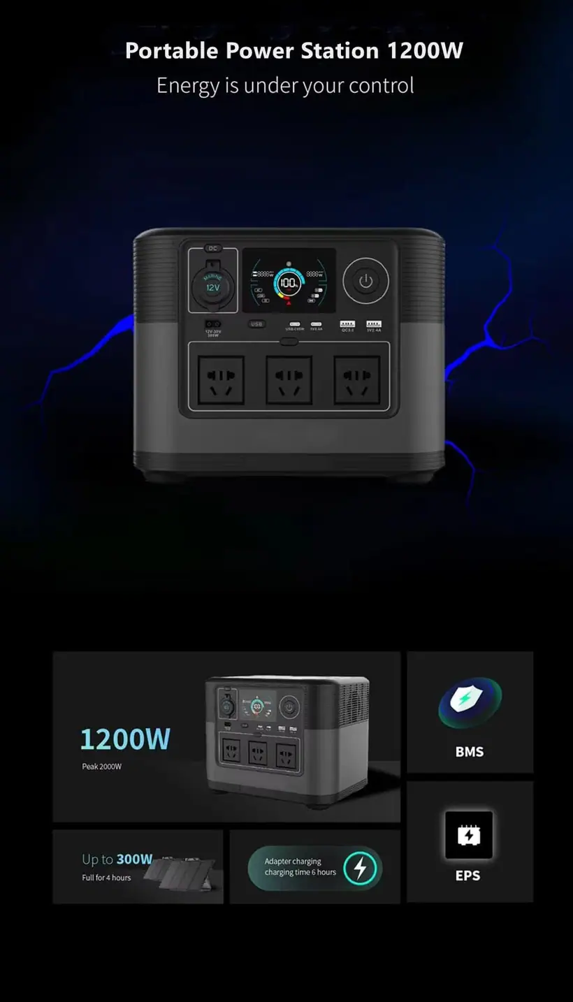 Central eléctrica portátil de 1200W con detalle de fuente de alimentación solar de batería PD65W QC3.0 TYPE-C LiFePO4 2