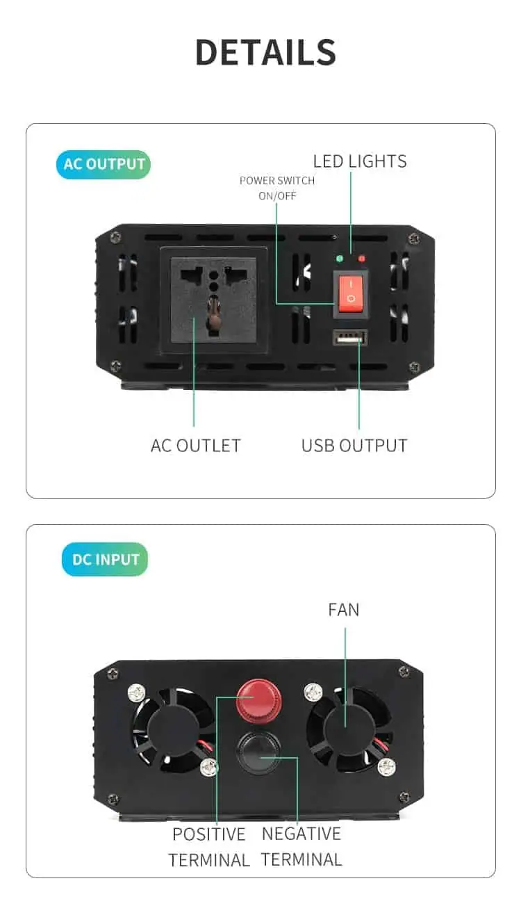 1000W DC 12V/24V/48V to AC 110V/220V Modified Sine Wave Peak 2000W Power Inverter detail 6