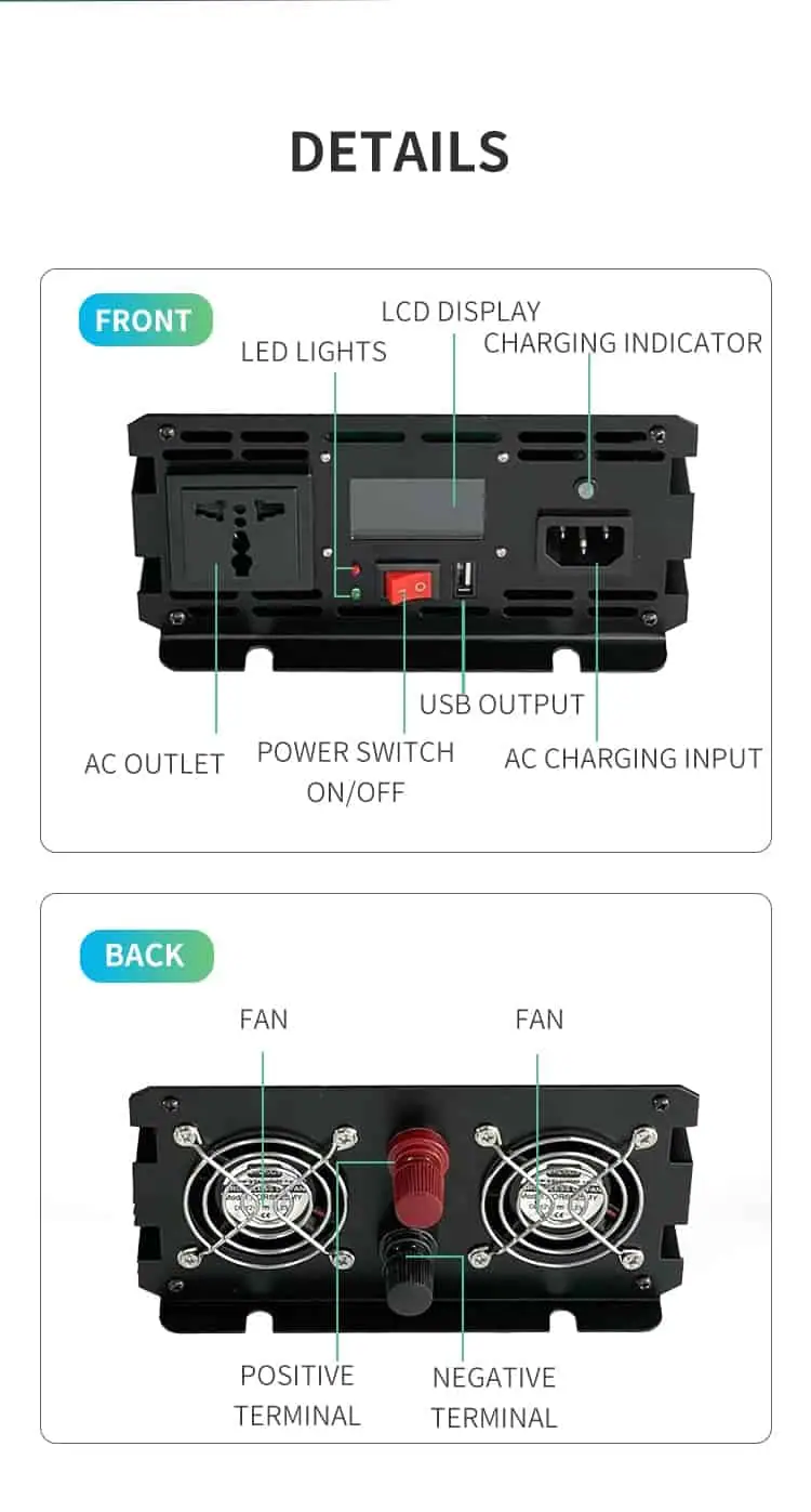 DC 12V/24V to AC 110V/220V Pure Sine Wave 1000W Power Inverter with Charger&UPS LCD Display detail 6