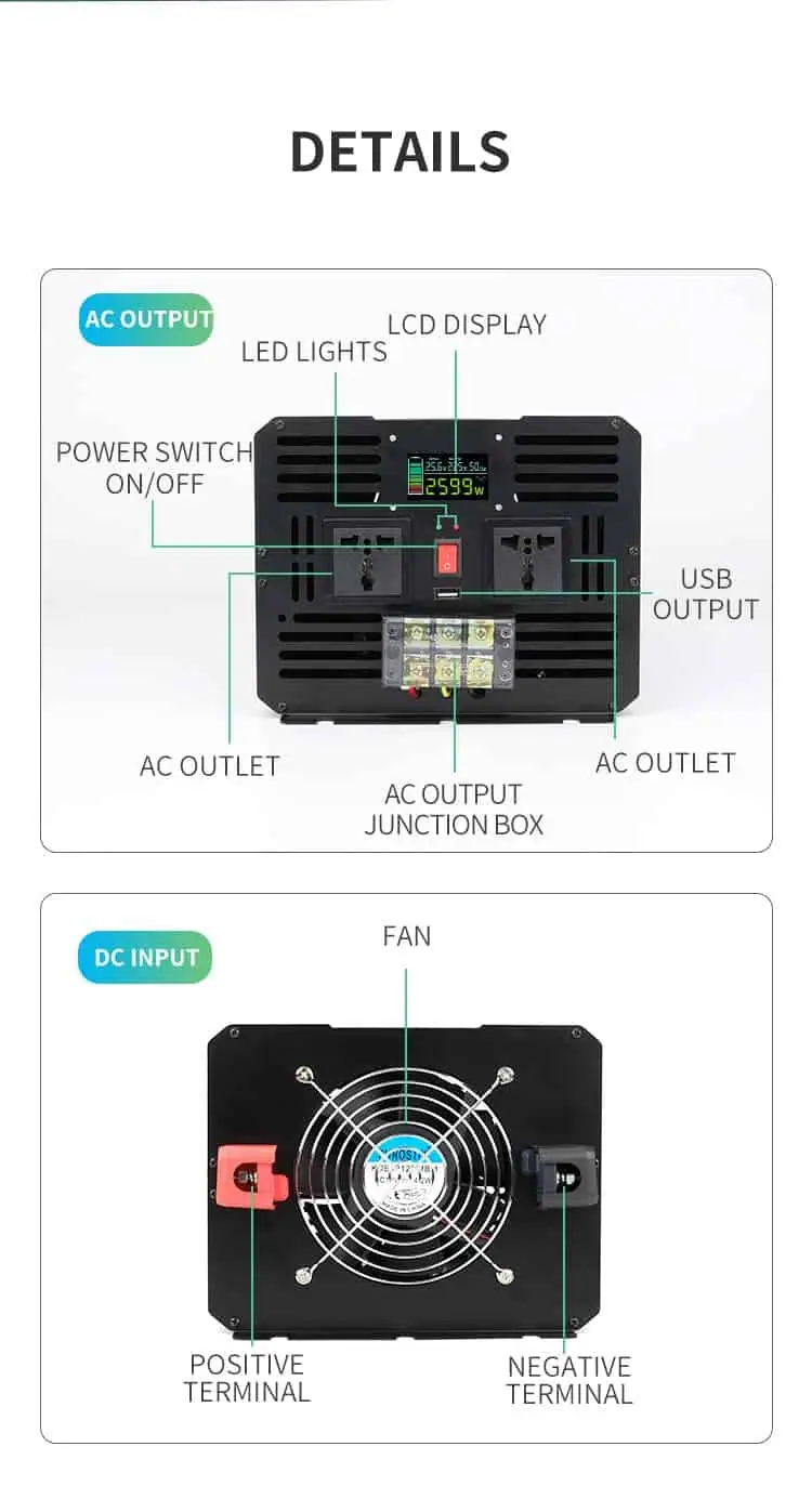 4000W DC 12V/24V/48V to AC 110V/220V Pure Sine Wave Power Inverter for Home with LCD Display detail 6