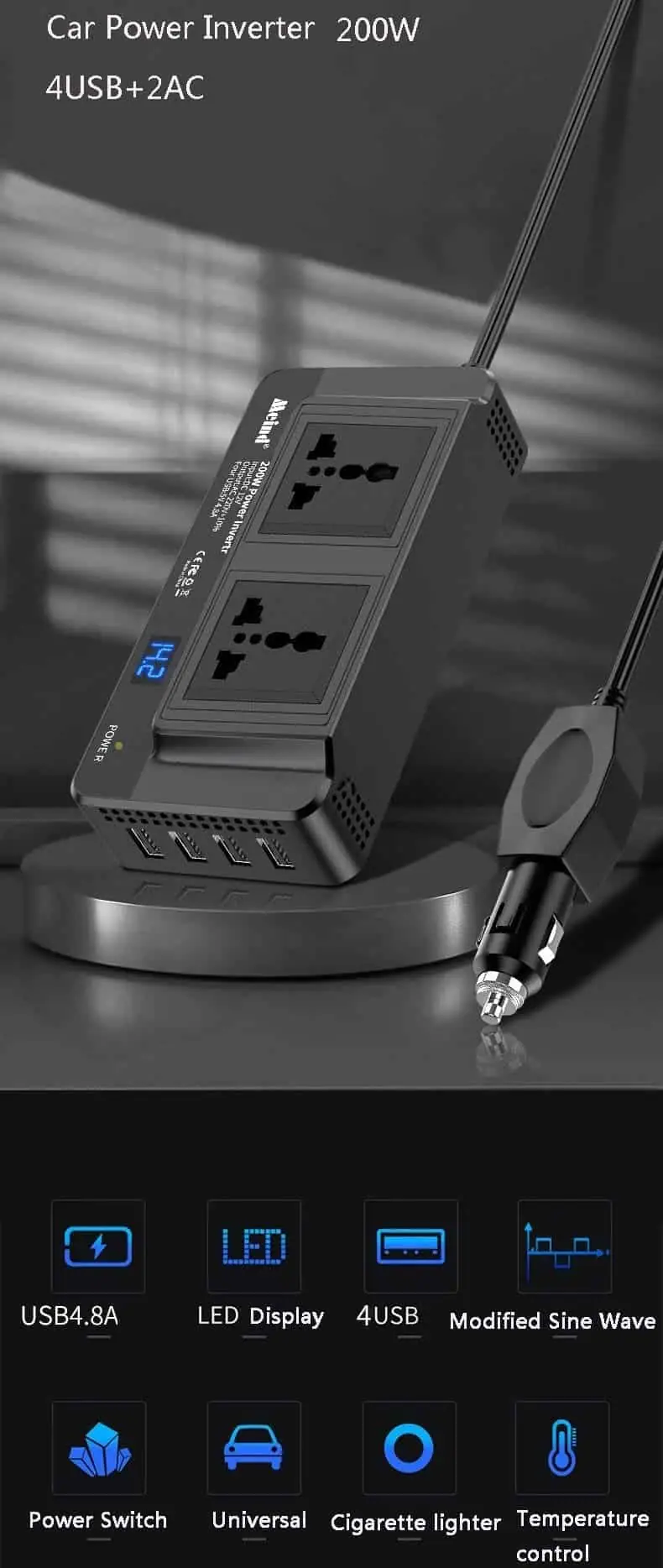 200 Watt Inverter DC 12V to AC 110V/220V with 4 USB Output 2 European/Brazilian/Universal Sockets detail 1