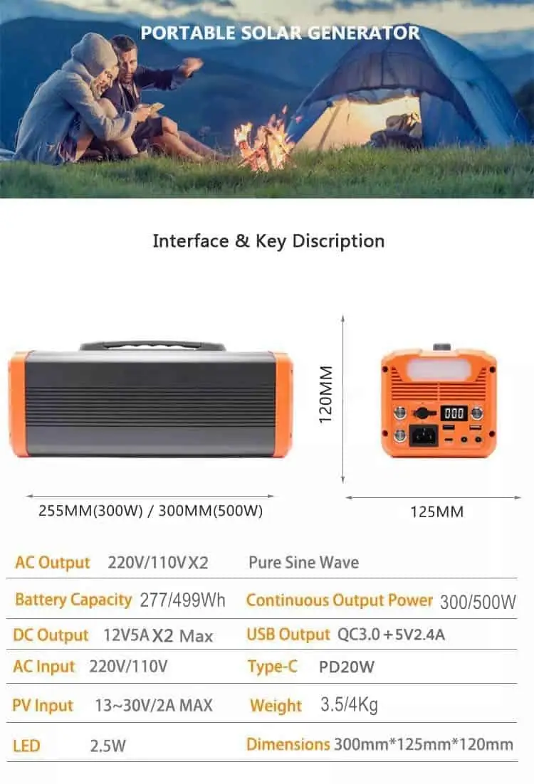 300W/500W UPS Power Station Portable Solar Power Supply Rechargeable Power Generator with Type-C LED Light detail 6