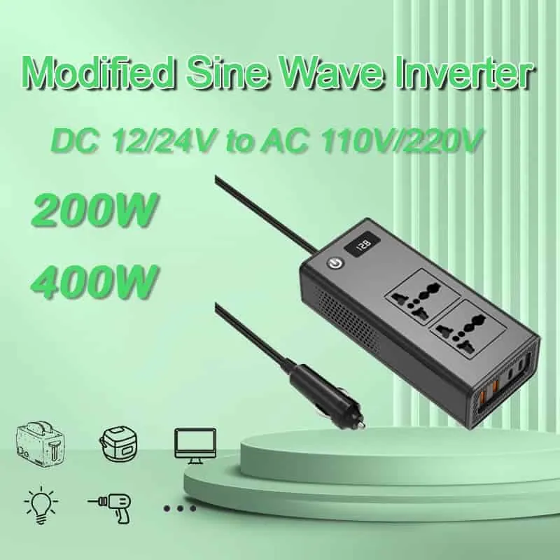 200W DC 12V to AC 220 110V Car Inverter 4 USB Output QC3.0 PD Fast Charging Voltage Inverter for Cars