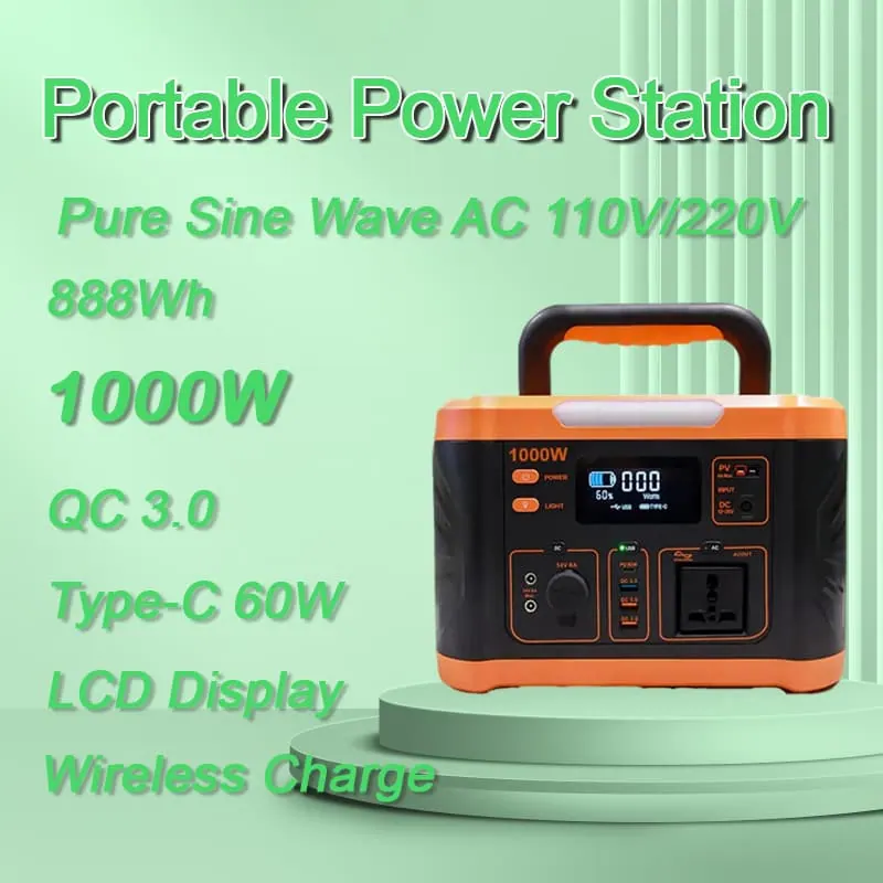 1000W 純粋な正弦波ポータブル発電所ソーラー発電機 (ワイヤレス充電付き)