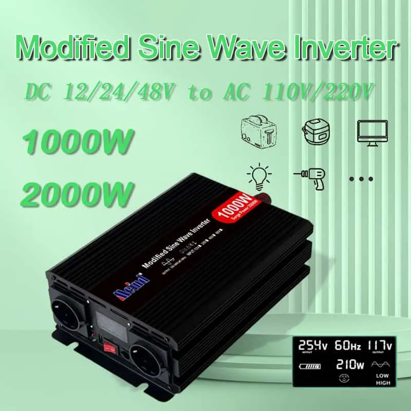Inversor de corriente de 1000W CC 12V/24V/48V a CA 110V/220V pico de onda sinusoidal modificada 2000W