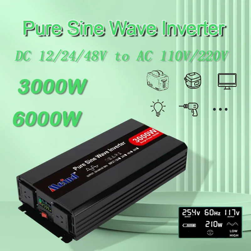 3000W DC12V/24V/48VからAC 110V/220Vの純粋な正弦波パワーインバーター、家庭用LCDディスプレイ付き