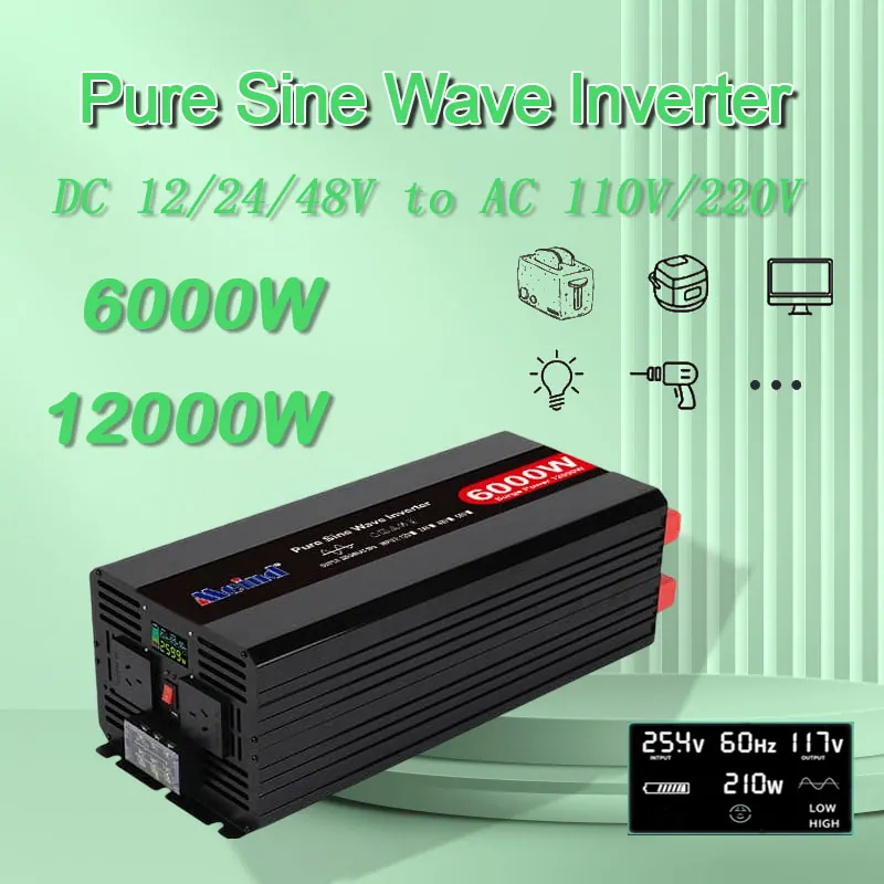 6000W DC 12V/24V/48VからAC 110V/220Vの純粋な正弦波パワーインバーター、家庭用LCDディスプレイ付き