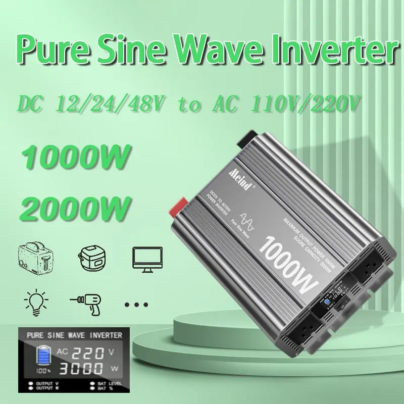 1000W DC 12V/24V/48V to AC 110V/220V Pure Sine Wave Power Inverter with LCD Display