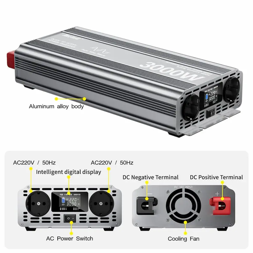 3000W DC 12V / 24V / 48V إلى AC 110V / 220V عاكس الطاقة لموجة جيبية نقية مع شاشة LCD التفاصيل 8