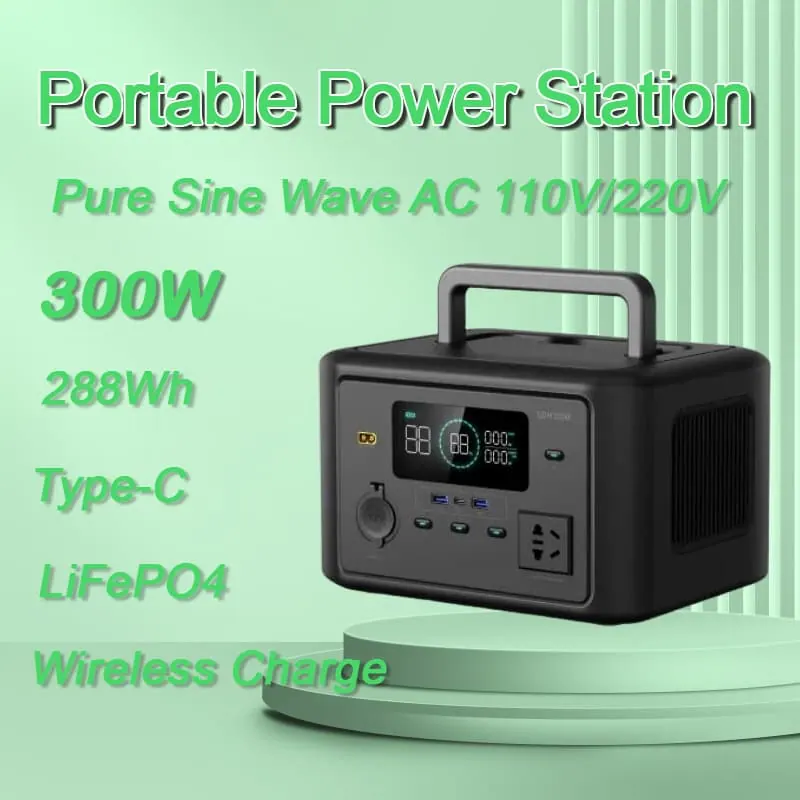 TYPE-C LiFePO4 バッテリーを備えた 300W ポータブル発電所ワイヤレス充電ソーラー発電機