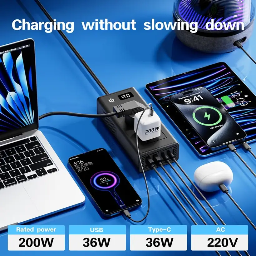 200W DC 12V to AC 220 110V Car Inverter 4 USB Output QC3.0 PD Fast Charging Voltage Inverter for Cars detail 1