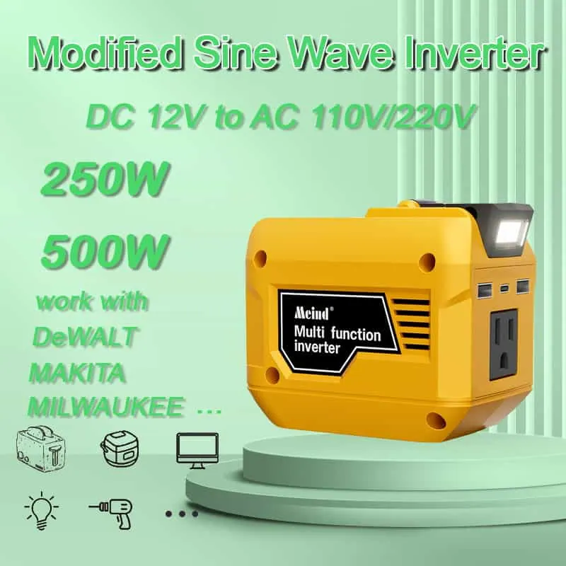 Inversor de energia 250W (pico 500W) DC 12V para AC 220V/110V compatível com bateria Dewalt, Makita, Milwaukee 18/20V com tomada CA, portas USB, carregamento rápido tipo C, luz LED