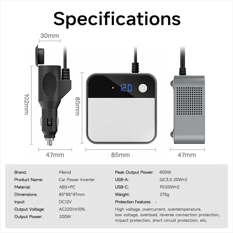 200W DC 12V to AC 220 110V Car Inverter 4 USB Output QC3.0 PD20W Fast Charging Voltage Inverter for Cars detail 9
