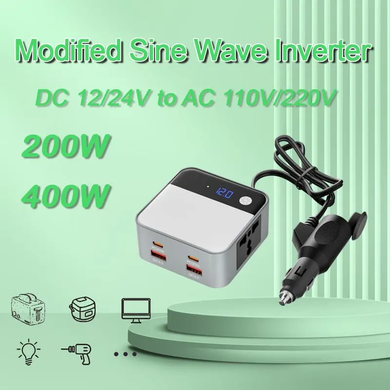 Inversor de carro 200W DC 12V para AC 220 110V 4 saída USB QC3.0 PD20W Inversor de tensão de carregamento rápido para carros