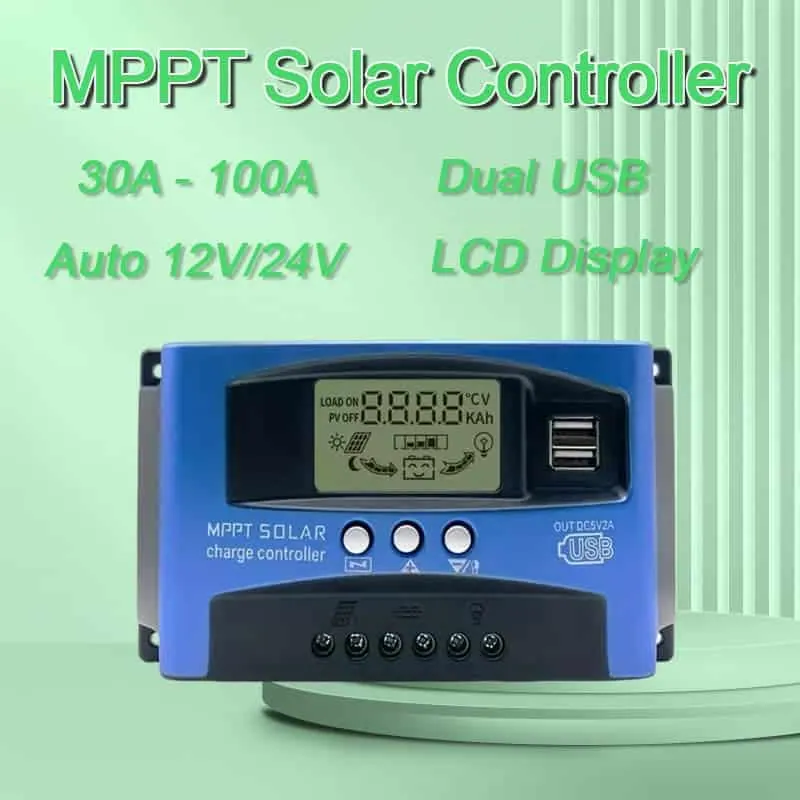12V / 24V 30A 40A 50A 60A 80A 100A Controlador de carga solar MPPT inteligente com portas USB duplas Display LCD