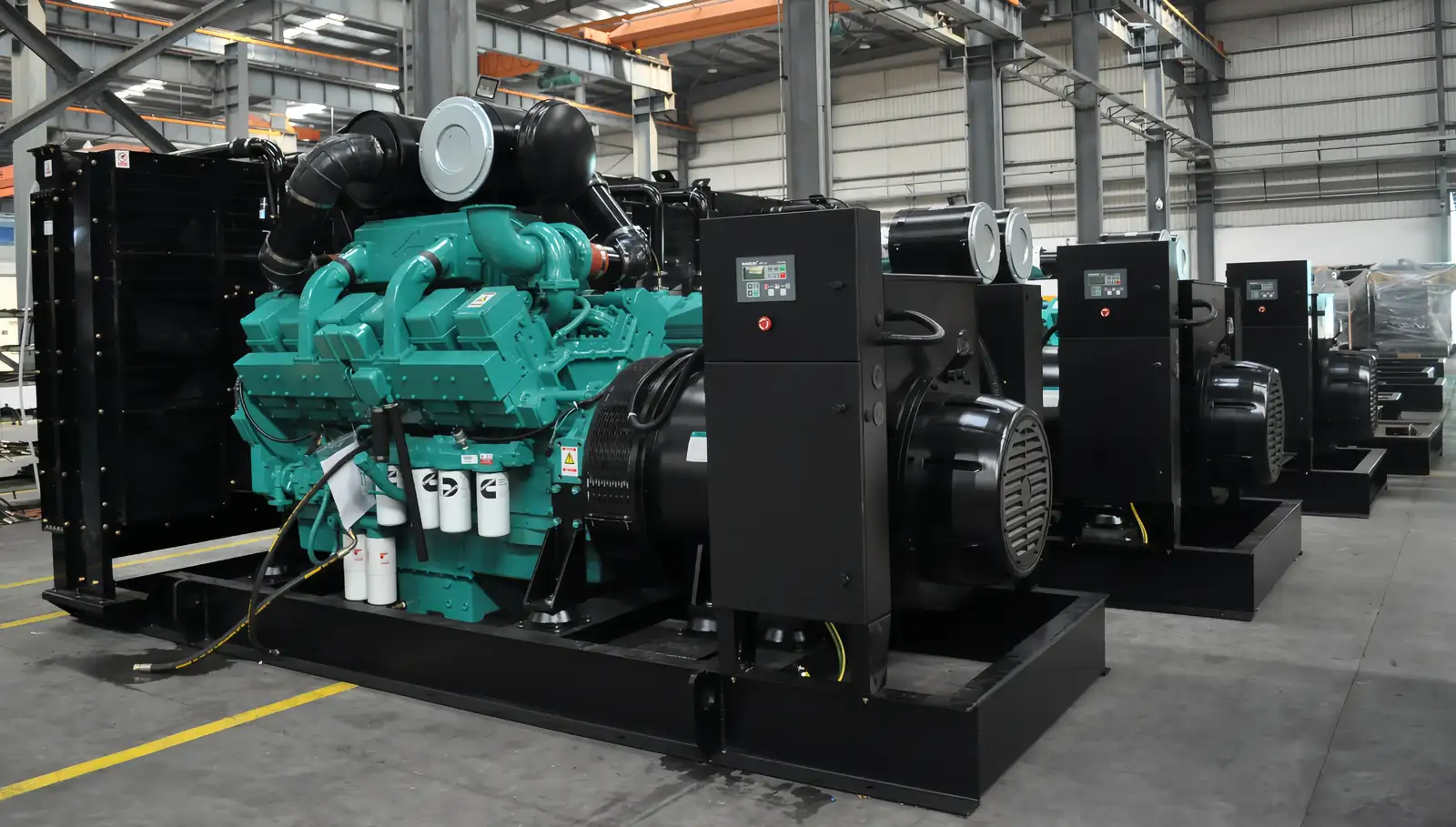 Packaged Cummins generator sets staged for inspection before shipment from Shiyan.