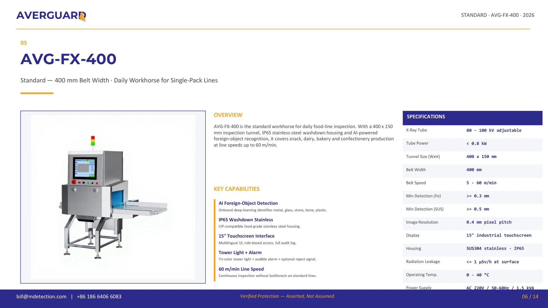 AVG-FX-400 food X-ray inspection system with 15-inch touchscreen
