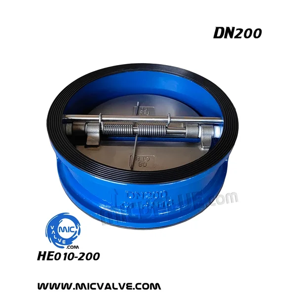 HE010-007 wafer type check valve with spring-assisted disc and arrow indicating flow direction