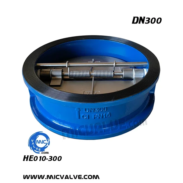 HE010-300 DN300 wafer type check valve with arrow indicating flow direction and hand lever for manual override