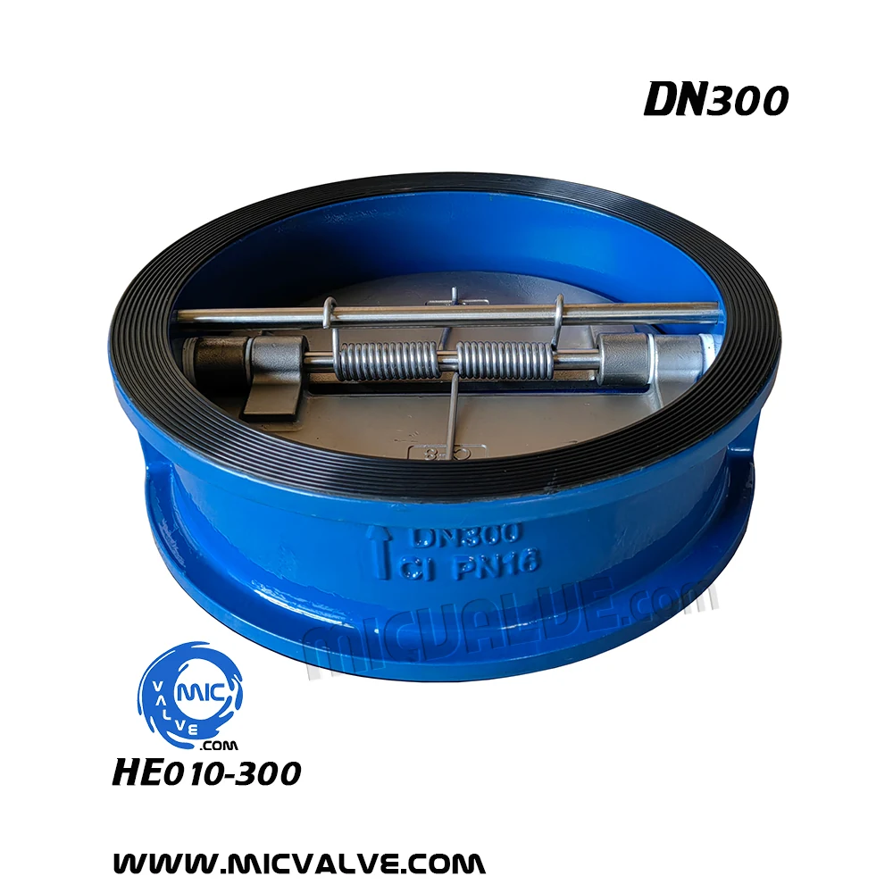HE010-300 DN300 wafer type check valve with arrow indicating flow direction and hand lever for manual override