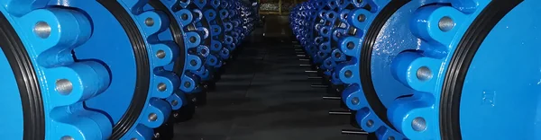 Aisle of large blue lug type butterfly valve bodies waiting for assembly