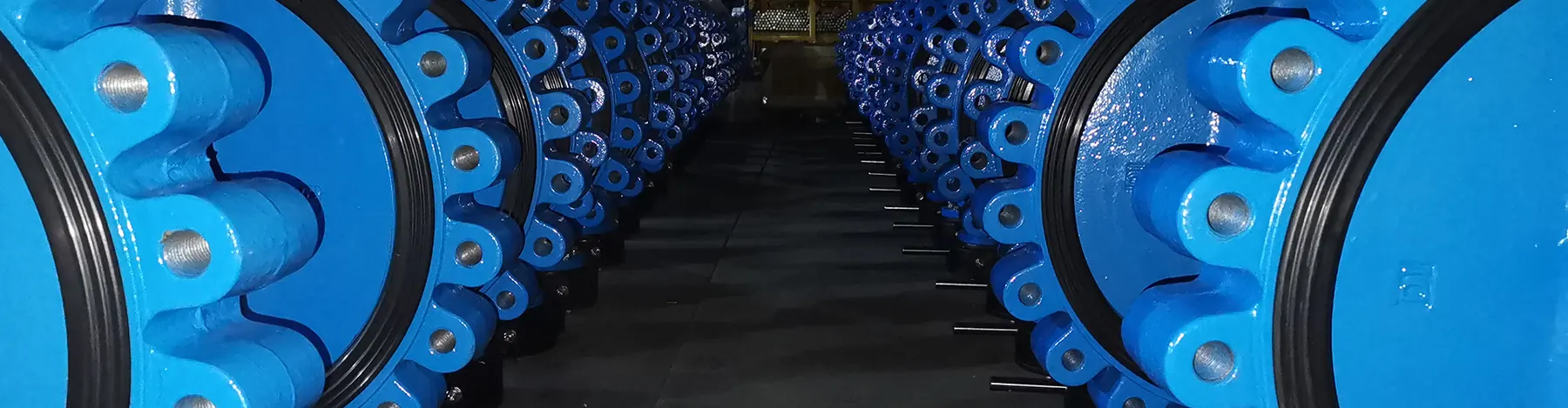 Aisle of large blue lug type butterfly valve bodies waiting for assembly