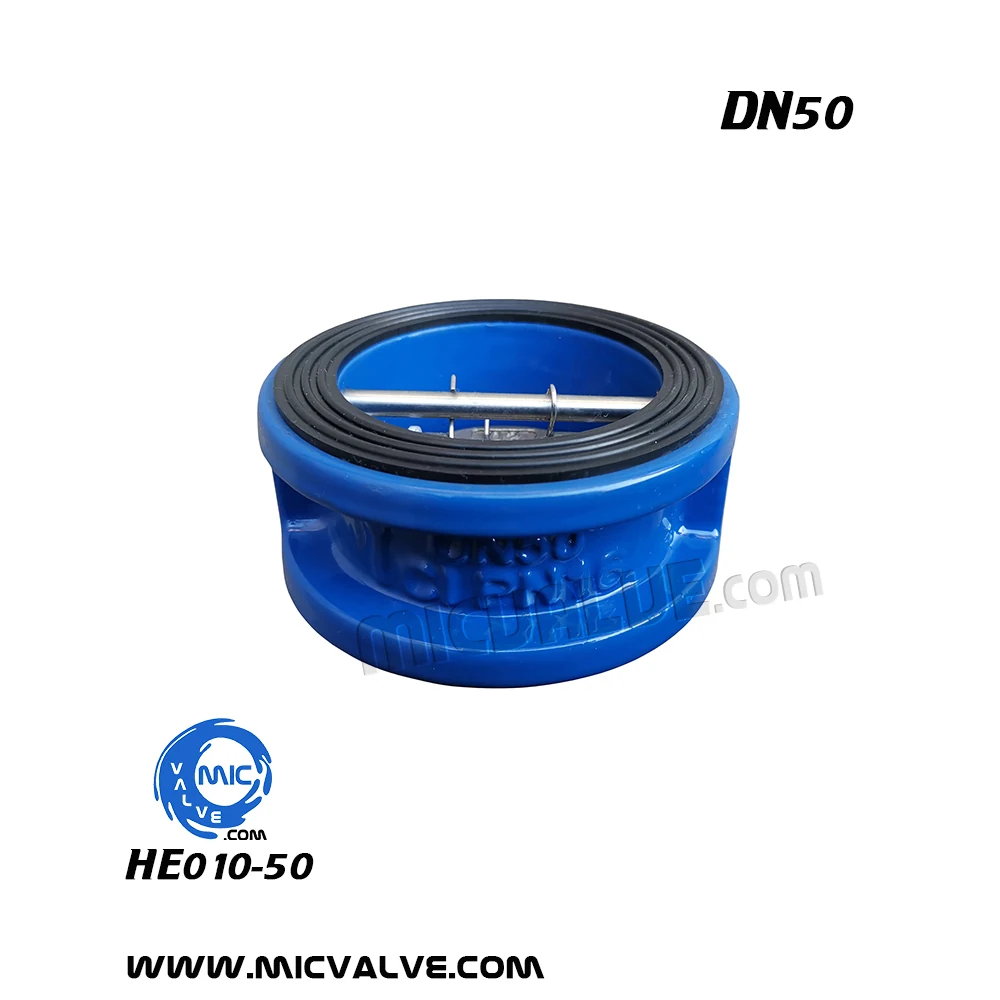 HE010-50 DN50 wafer type check valve with spring-loaded disc and flow arrow marking
