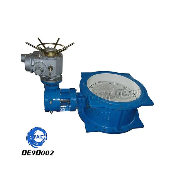 DE9D002 double eccentric flanged butterfly valve with resilient seat and electric actuator mounted on a pipe flange